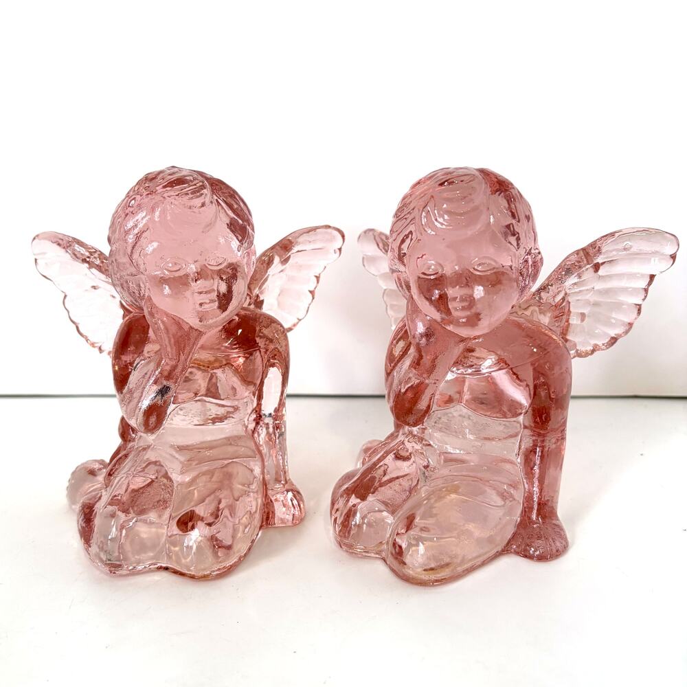 Vintage 1960s Pink Pressed Glass Cherub Angel Candle Holders Set of 2